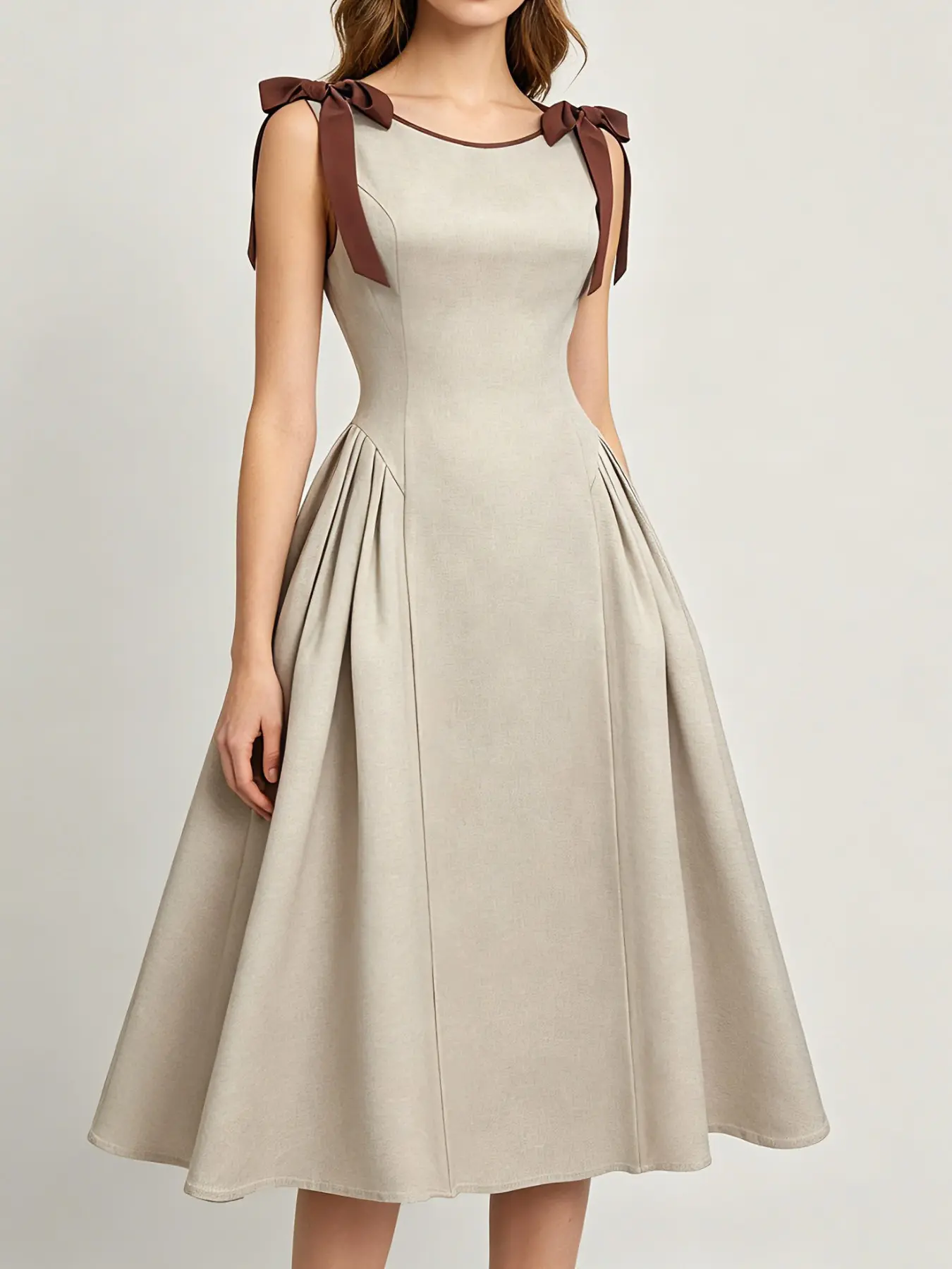 Women's Sleeveless Round Neck Bow Dress, Casual A-Line Beach Dress, Summer Lightweight Versatile Midi Dress, Daily, Party, Beach Wear