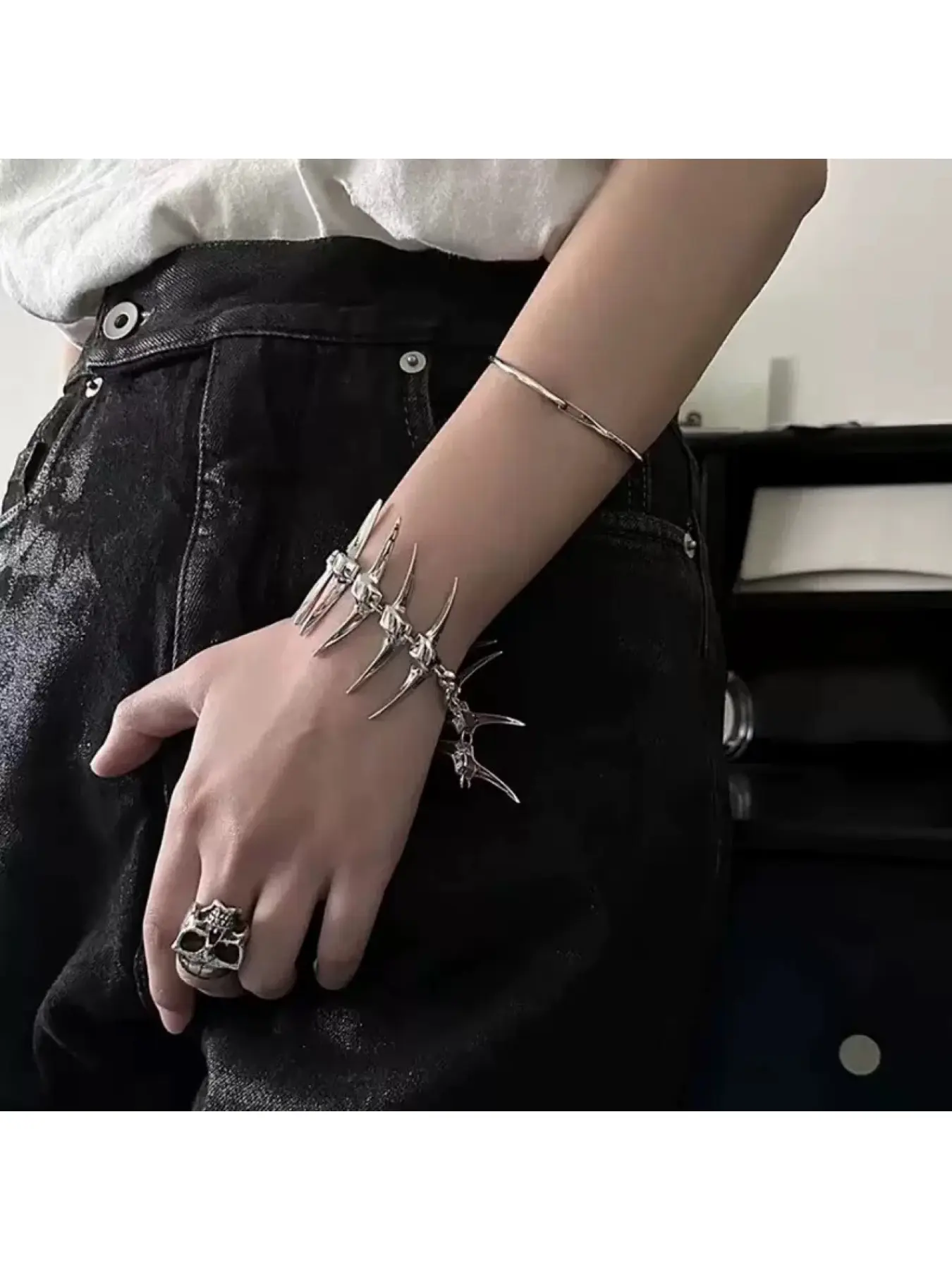 Niche Design Silver Thorned Horned Fishbone Bracelet European and American Individual Couple Fashion Hip-Hop Punk Prickly Accessories