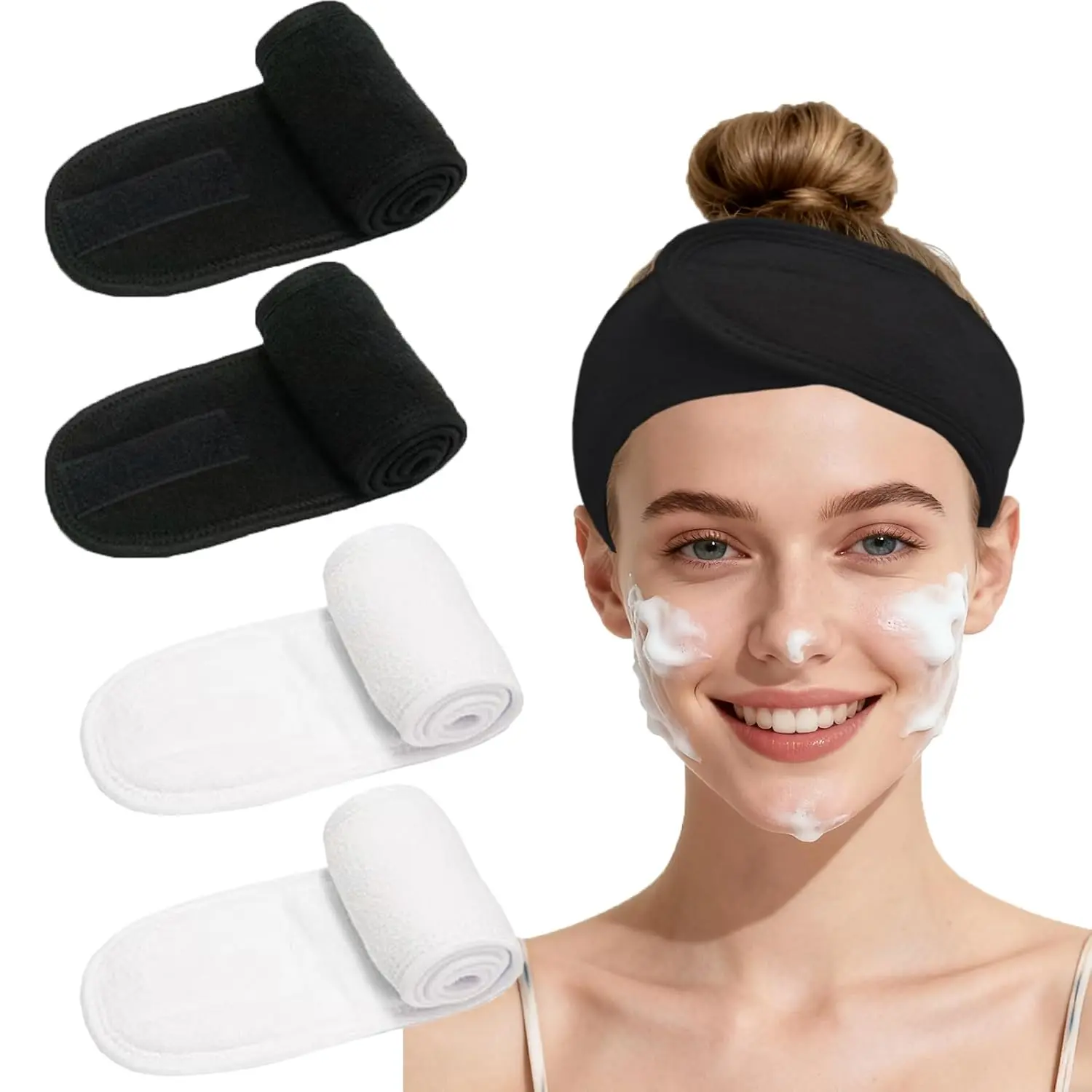 4 Pack Adjustable Makeup Headbands – Non-Slip  Facial Headband & Facial Hair Wrap, Adjustable Washable Towel for Shower, Yoga, Gym, Salon &  Use (Fits ), HZFD-