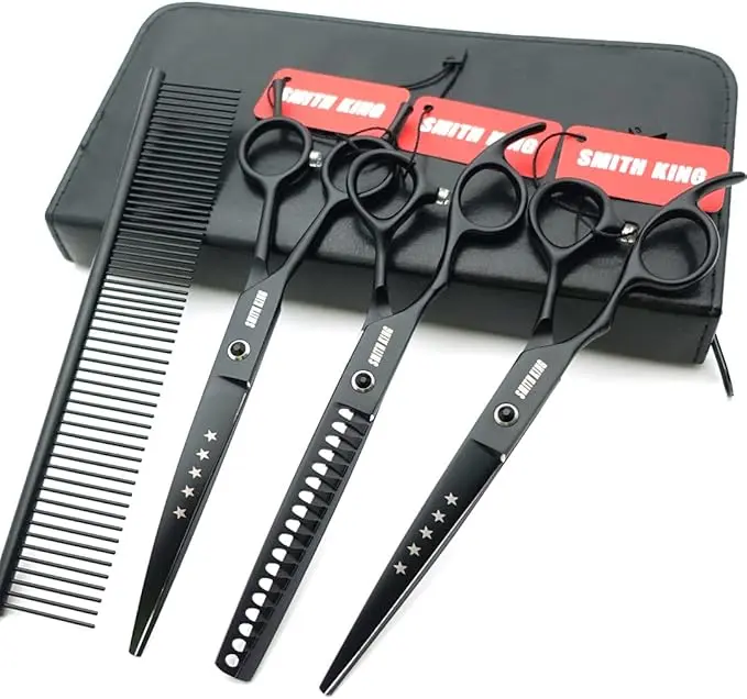 7.0 inches Professional Dog Grooming Scissors Set Straight & Curved & chunkers & comb in 1 Set Left-handed