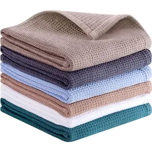 Dish Towels Set, 100% Cotton Waffle Weave Towels 6 Pack, 17 x 25 Inches, Absorbent for Drying and, White, Dark Gray, Light Khaki, Light Blue, Dark Green, Brown