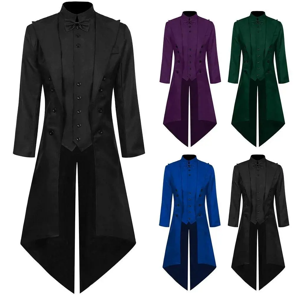 Men's Gothic Victorian Polyester Long Tailcoat - Menswear Clothes for Steampunk Medieval Cosplay, Halloween Retro Party Events