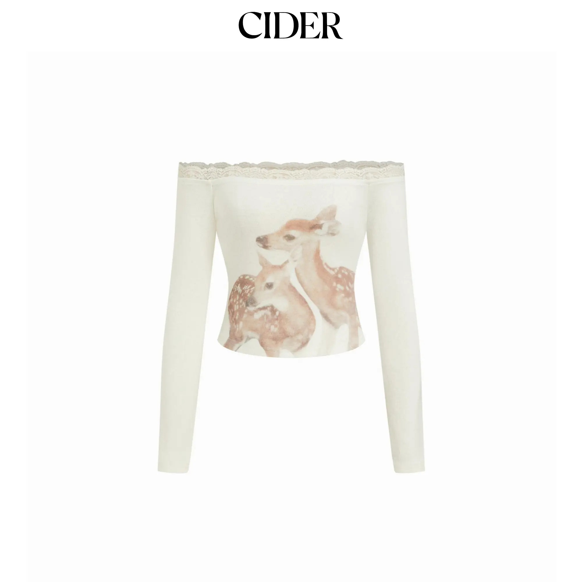 Cider Off-shoulder Deer Graphic Pointelle Lace Panel Crop Tee