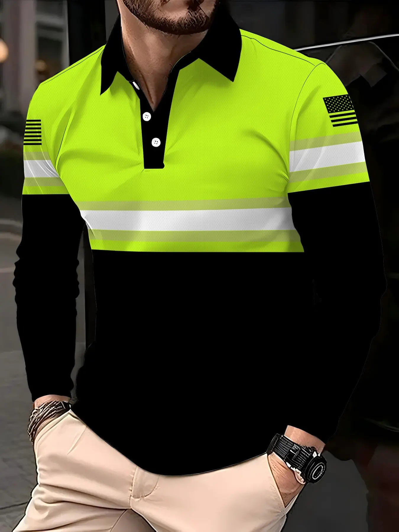 Men's Long Sleeve Casual Collared Polo Shirt with American Flag Print, Casual Fitted Top, All Seasons, Ideal for Work, Cycling, Daily Commute