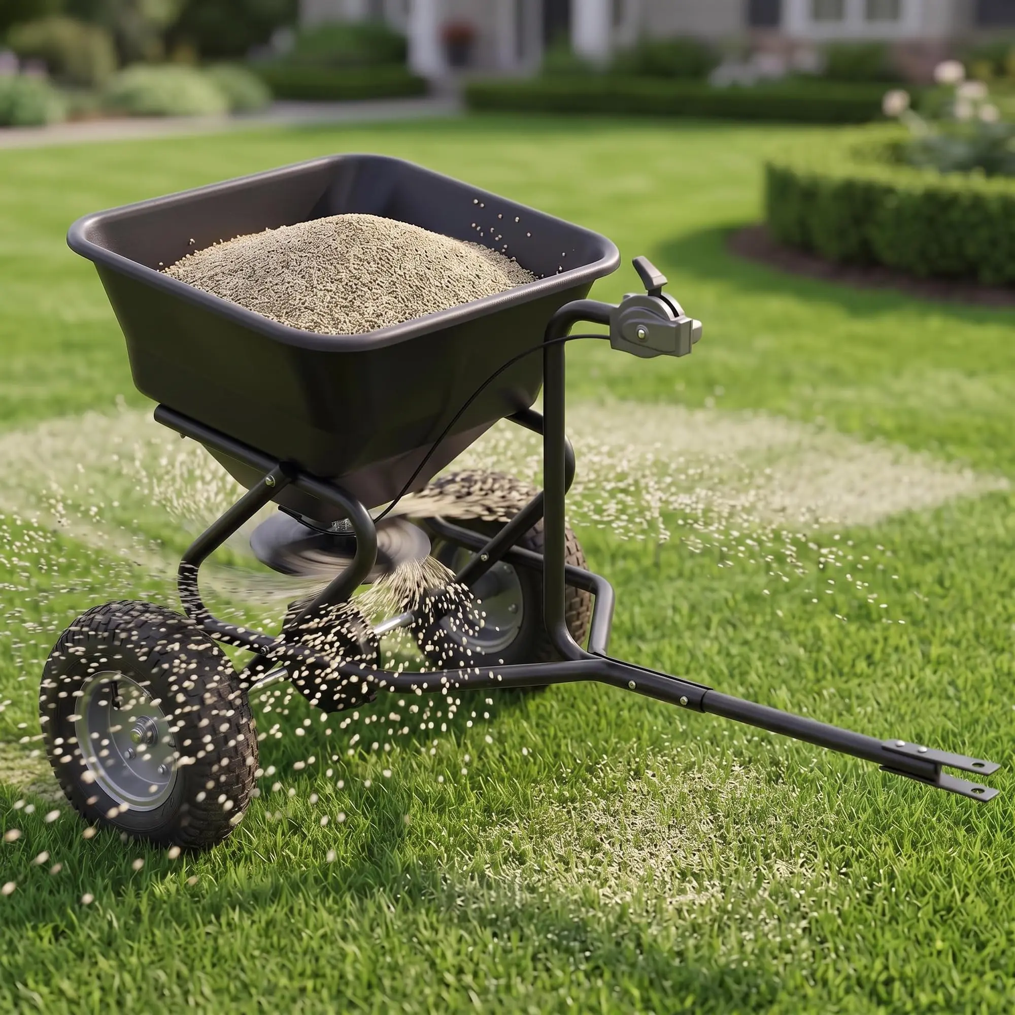 100LBS Tow-Behind Broadcast Spreader | Seed, Fertilizer & Ice Melt Pull Behind Spreader for Lawn Tractor, ATV, UTV & Riding Mower, Adjustable Flow Control