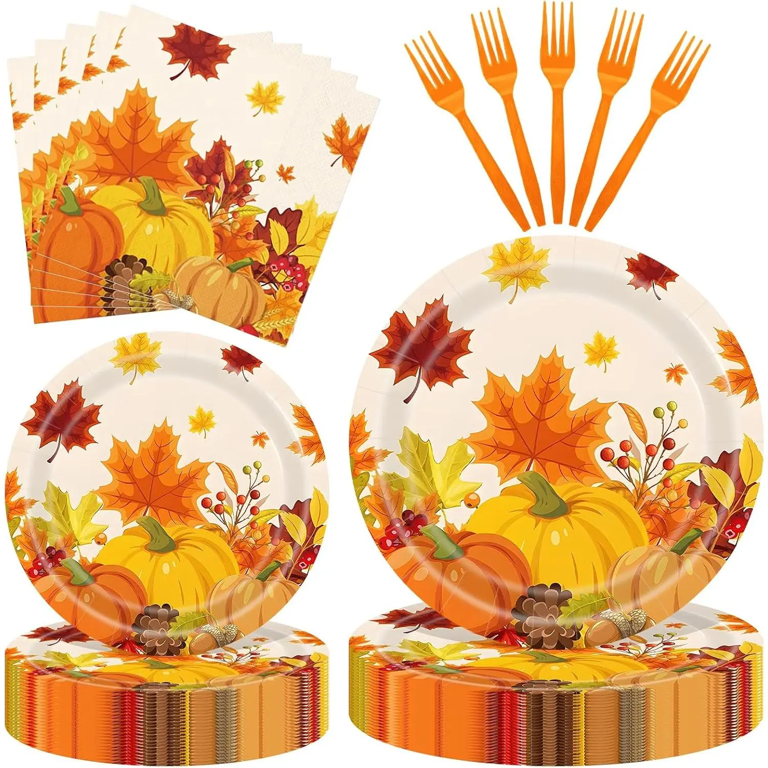 96 count Thanksgiving Pumpkin Tableware Set – Disposable Fall Harvest Paper Plates and Napkins for Thanksgiving Dinner, Friendsgiving, Autumn Harvest Party and Fall Gatherings – Serves 24