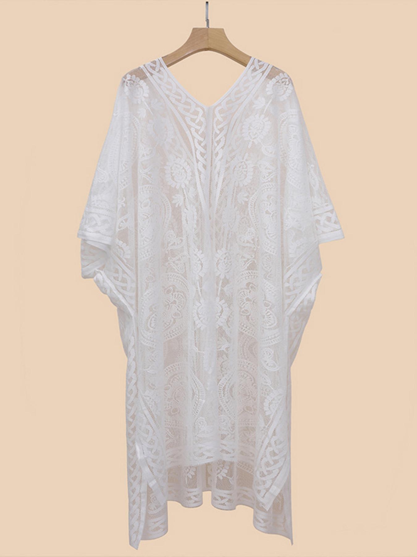 Women's Ethnic Pattern Hollow Out Lace Cover Up, Casual V Neck Long Sleeve Cover Up for Beach Holiday Vacation, Ladies Swimwear for All Seasons, Swimsuit Cover Ups