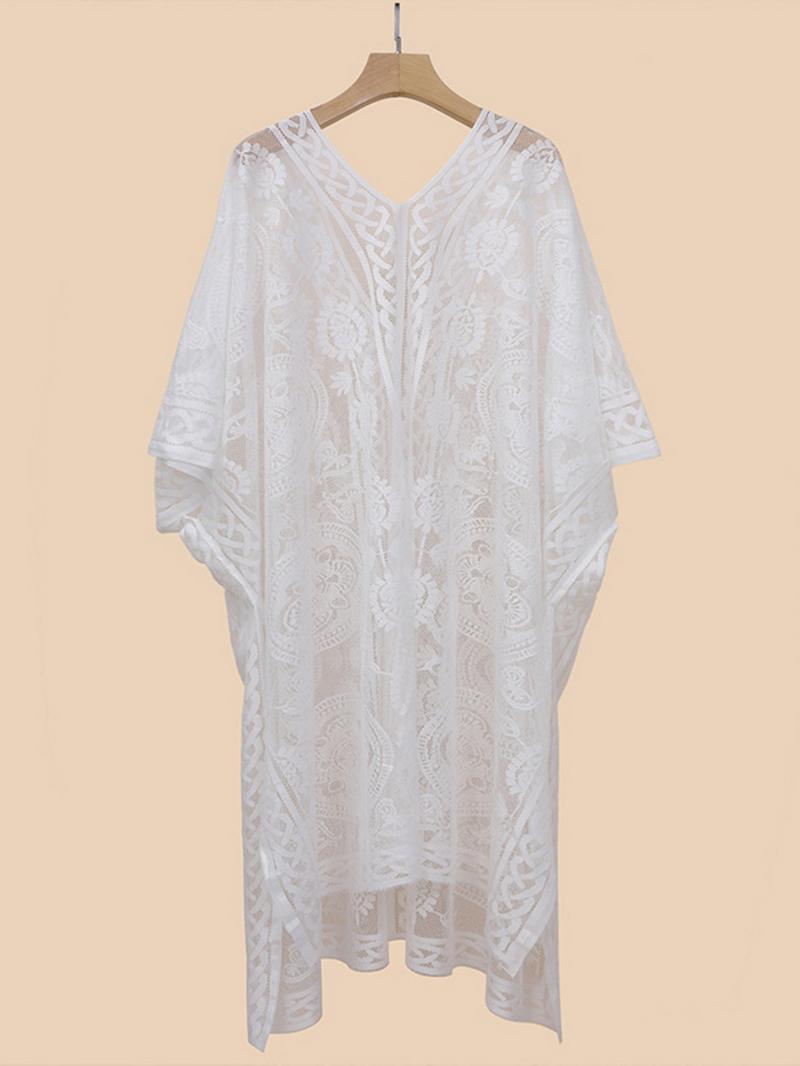 Women's Ethnic Pattern Hollow Out Lace Cover Up, Casual V Neck Long Sleeve Cover Up for Beach Holiday Vacation, Ladies Swimwear for All Seasons, Swimsuit Cover Ups