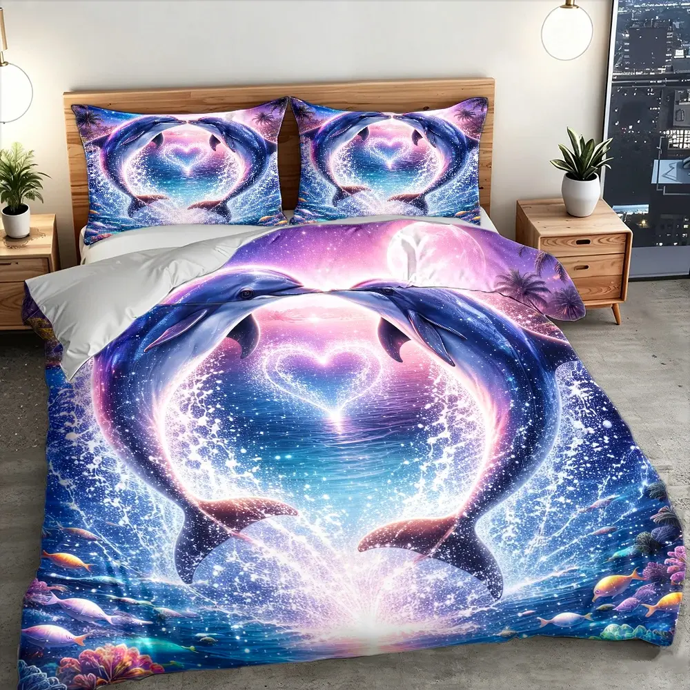 3PC Dream Dolphin Heart & Starry Ocean Print Bedding Set - 1 Duvet Cover + 2 Pillowcases, Invisible Zipper Double Bed Cover, All-Season, Machine Washable, Ideal for Home & Dormitory