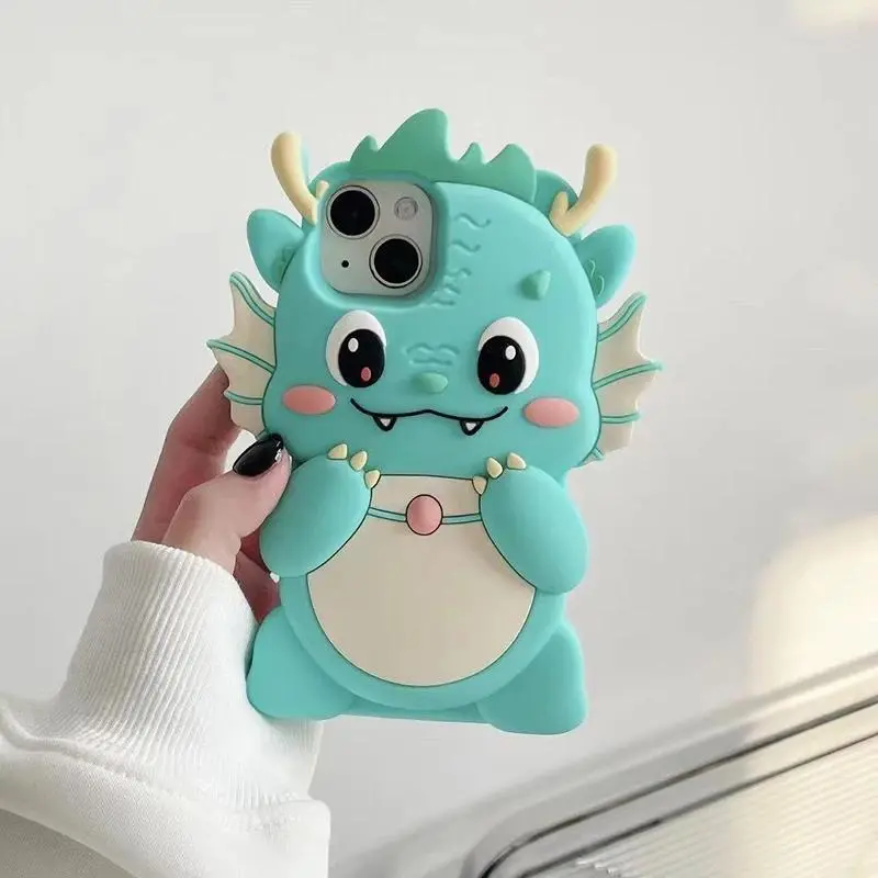 Kawaii 3D Cartoon Big Dinosaur Case Soft Silicone Cover For iPhone 15 14 13 12 Pro 11 X XS Max XR 8 7 6 6S Plus Blue