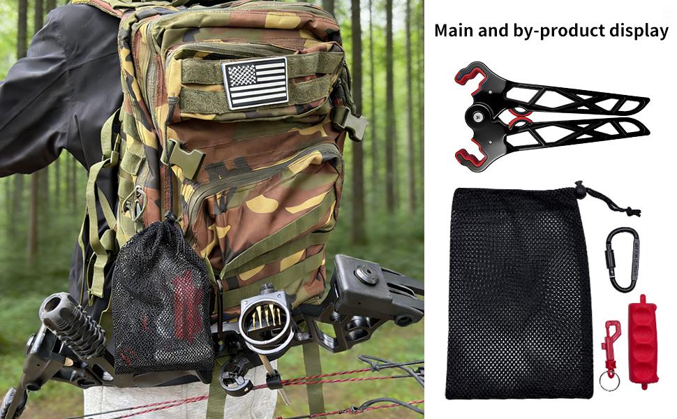 Premium Archery Bow Stand Bundle for Hunting and Target Practice with Mesh Storage Bag, Lockable Outdoor Hook and Arrow Puller, Portable Folding Universal Bow Stand Kit