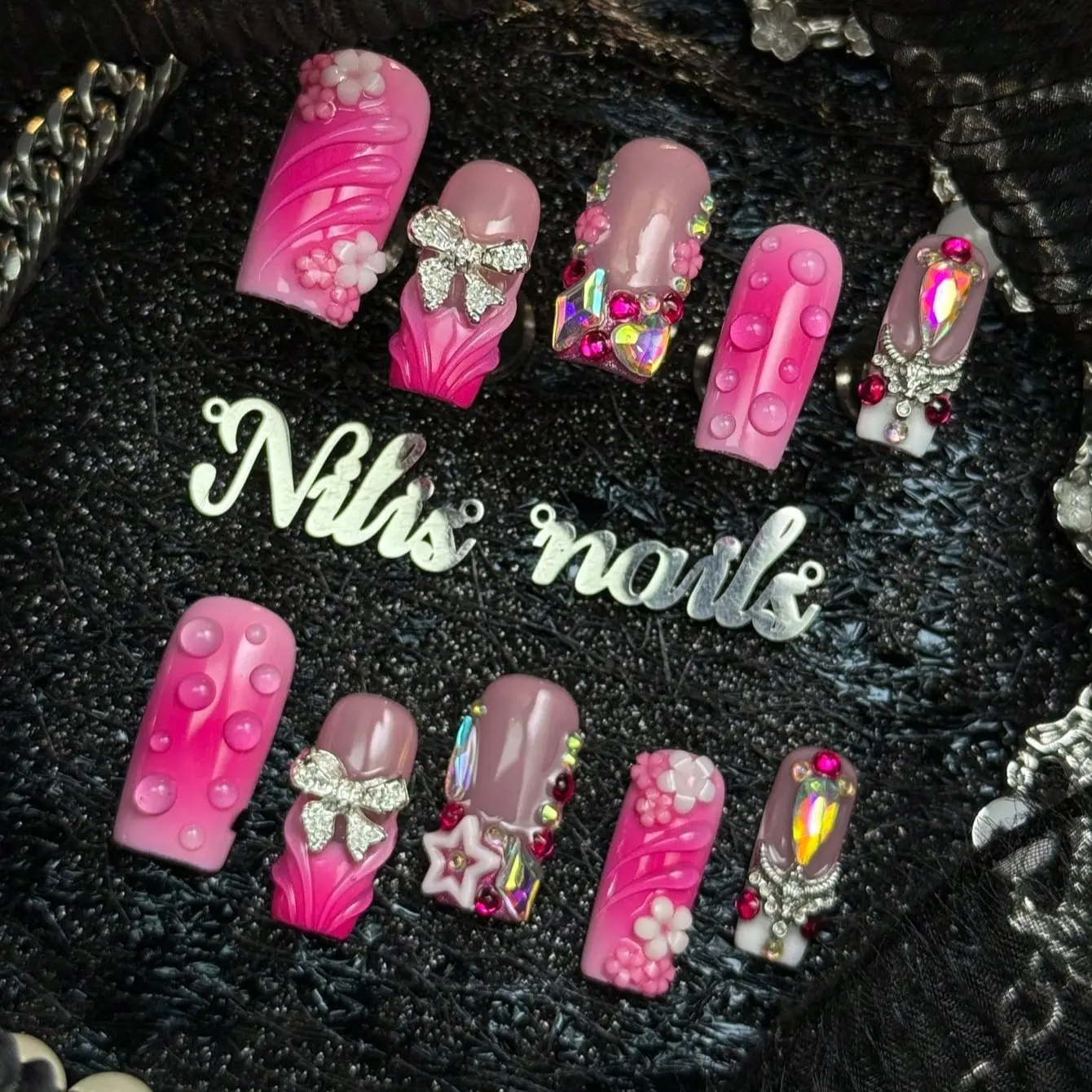 10pcs Handmade Press Ons, Handmade Medium Square Nails Press On Nails, Hot Pink Nails, Y2K Sweet style False Nail, Detachable and Reusable, Four sizes to choose from, Suitable For Party, Daily Wear, With Jelly Glue And Nail File