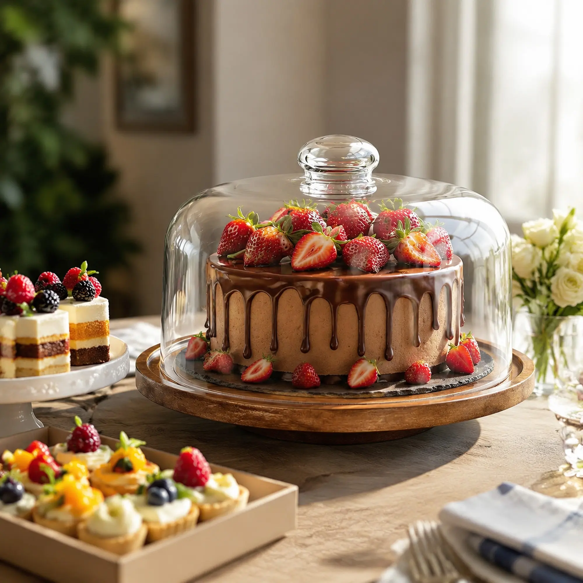 Superior Acacia Wood Cake Stand with Clear Glass Dome – 11 Inch Round Dessert Display Platter – Multifunctional Serving Tray for Cakes, Pastries, Cupcakes – Elegant Home Decor