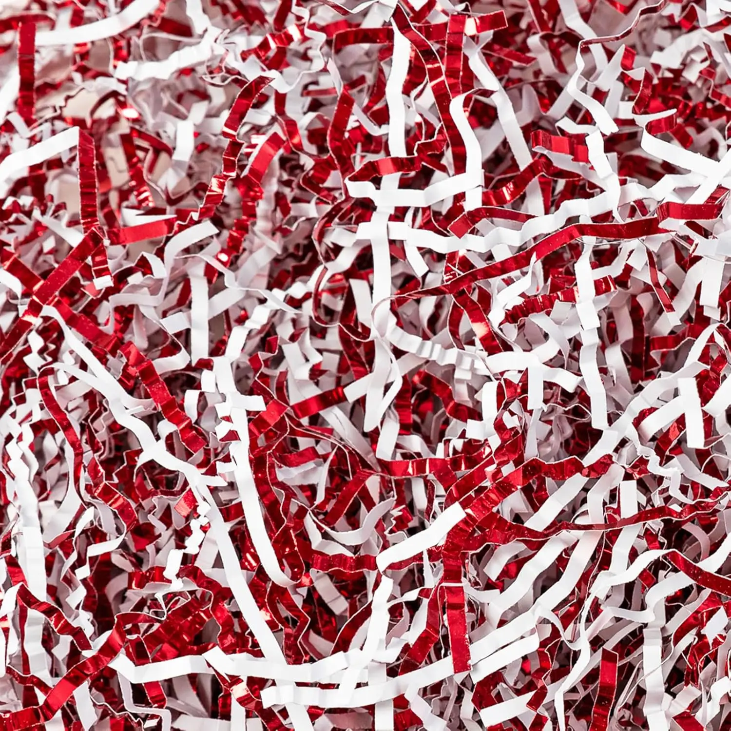 1/2LB Crinkle Cut Paper Shred, Metallic Red White Raffia Paper Sherd Filler Grass for Christmas Valentine's Day Easter Gift Wrapping Basket Filling Birthdays Weddings Party Supply