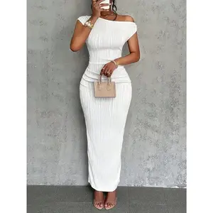 Elegant Off-Shoulder Ruched Bodycon Long Dress in White - Summer Polyester & Spandex Knit, Medium Elasticity, Smooth Finish, Formal  Black Comfort