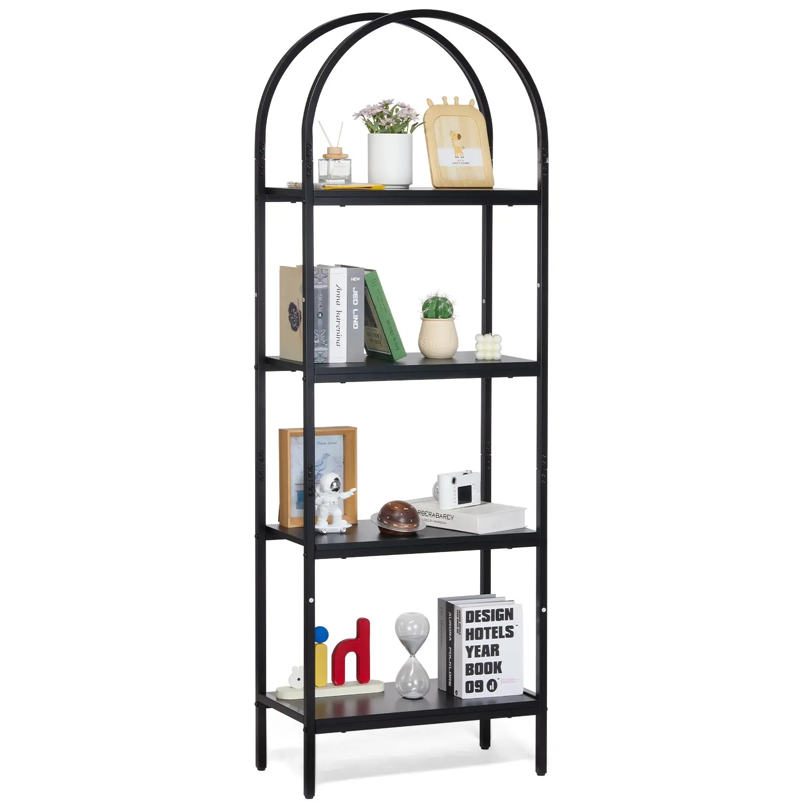 Metal Bookshelf, 4-Tier Arched Industrial Bookshelf, Small Rustic Vintage Storage Bookcase with Open Shelves, Freestanding Display Shelving Unit Storage Rack, for Living room, Bedroom Office