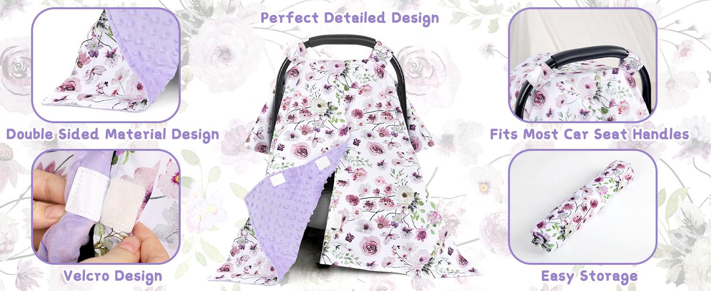 Baby Car Seat Cover, Soft Minky Warm Winter Car Seat Canopy for Infants & Toddlers, Opening with Adjustable Strap, Breathable Nursing Cover & Stroller Blanket, Purple Flowers (Fits Most Car Seats)