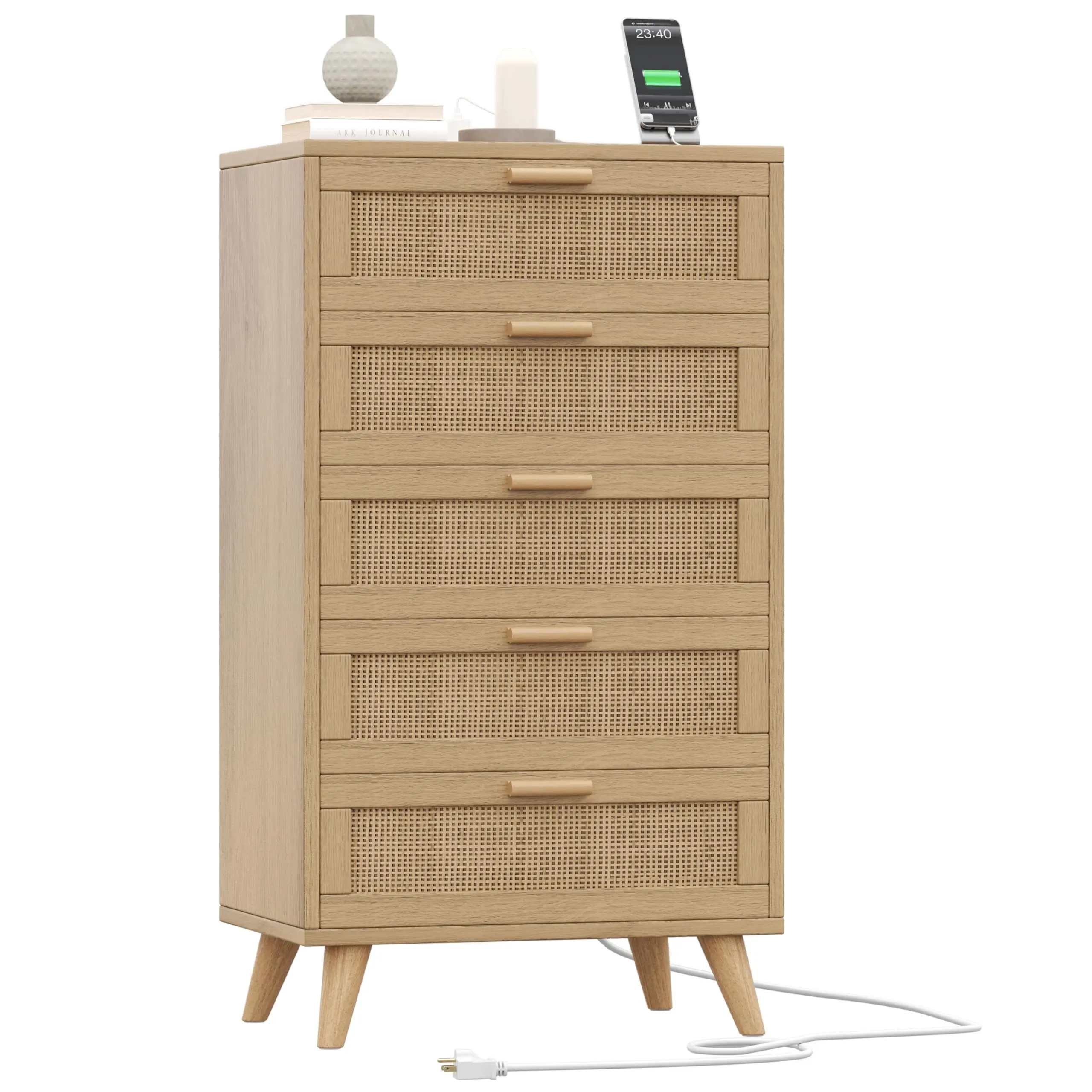 GARVEE5 Drawer Rattan Dresser with Deep Drawers, Large Modern Double Chest for Bedroom, Closet, Living Room, Hallway, Featuring Wide Top and Horizontal Wooden Design in Natural or Black Finish