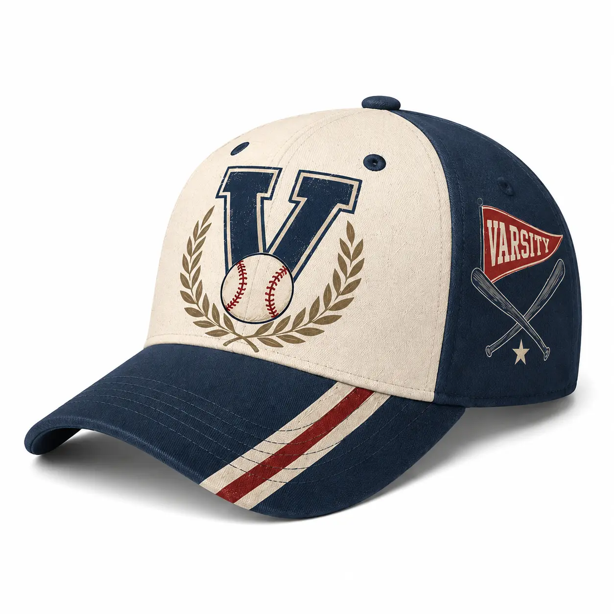Vintage Varsity Baseball Cap Adjustable Unisex, Navy Cream Graphic Curved Brim Snapback Hat for Streetwear, sooners baseball, stylish golf, nets fan, football supporter, raptor printed hat, official soccer, unisex summer, classic baseball,2-pack,men,