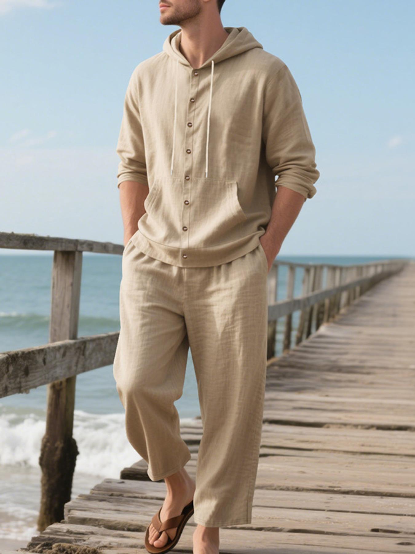 Men's Solid Button Design Long Sleeve Hooded Top & Pants Two-Piece Set, Loose Casual Comfy Breathable Two-piece Outfits for Spring & Fall, Men's Clothes for Daily Wear