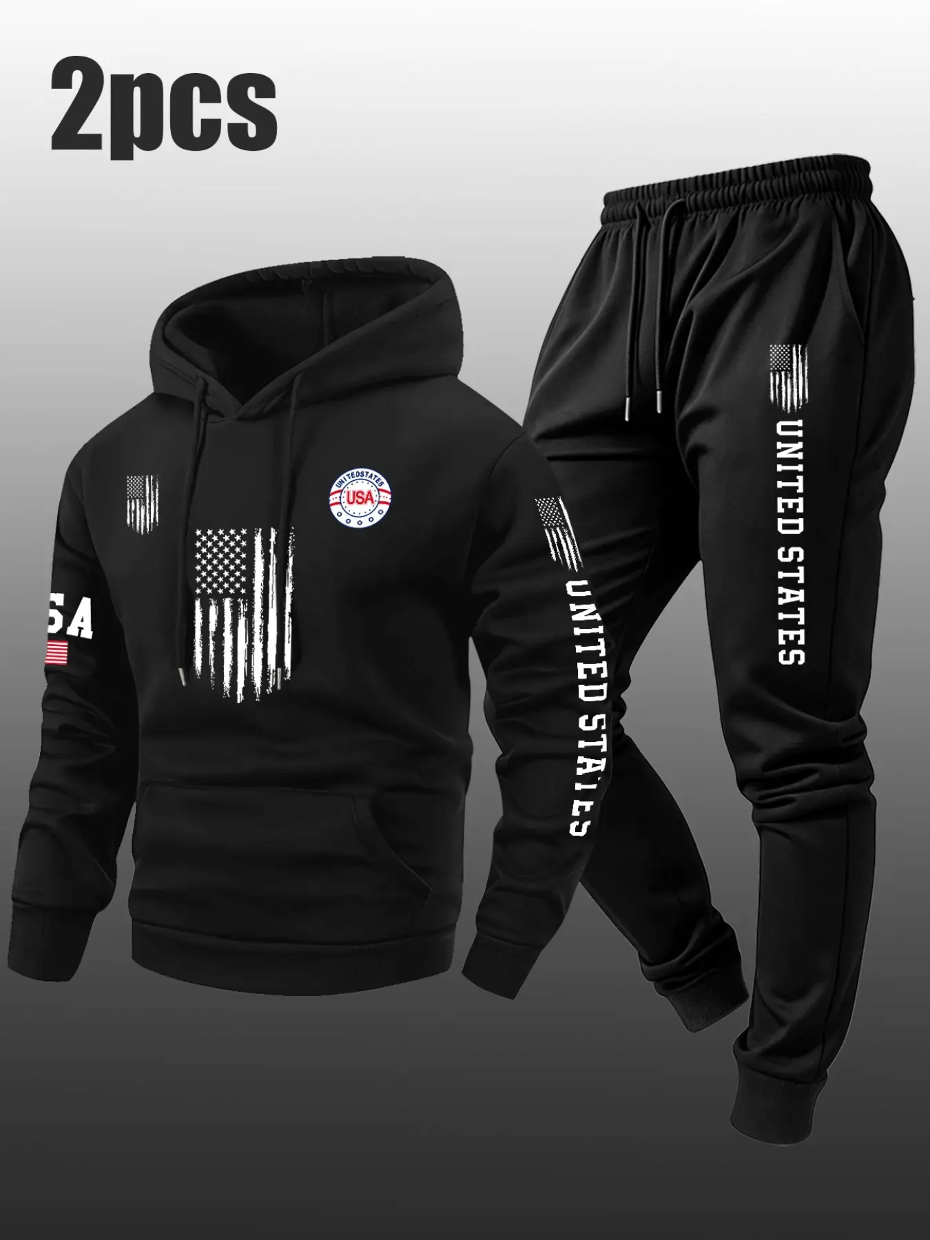 Men's 2 Piece Hoodie Tracksuit, Vintage Distressed Flag Graphic Hooded Sweatshirt & Drawstring Jogger Pants Set, Casual Streetwear Athletic Sport Outfit with Kangaroo Pocket, Daily Workout Jogging Sweatsuit for Male