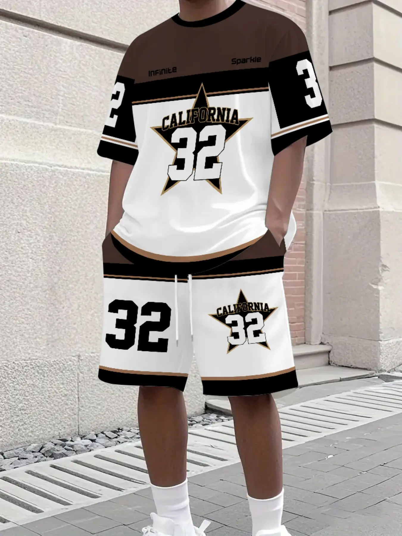 Men's California 32 Star Print 2-Piece Set, Block Short Sleeve Tee + Drawstring Pocket Gym Shorts, Summer Streetwear