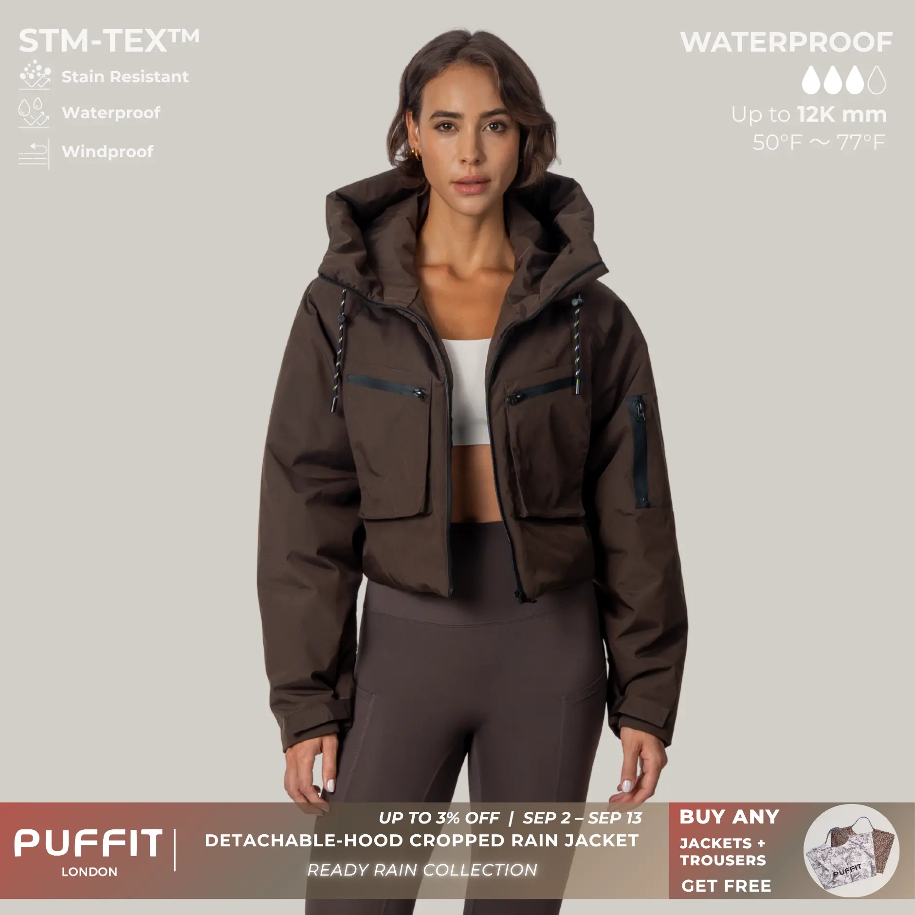 PUFFIT STM-TEX Elevated Cropped Detachable-hood Rain Jacket With Drawstring Hem,WaterProof,Stain Resistant,Windproof,Women's Rain Jacket,Breathable Stylish,Inner Pocket Design,Outdoor Sport,Windbreaker,School Running,Womenswear,,Fall,Winter,2026 Shopping