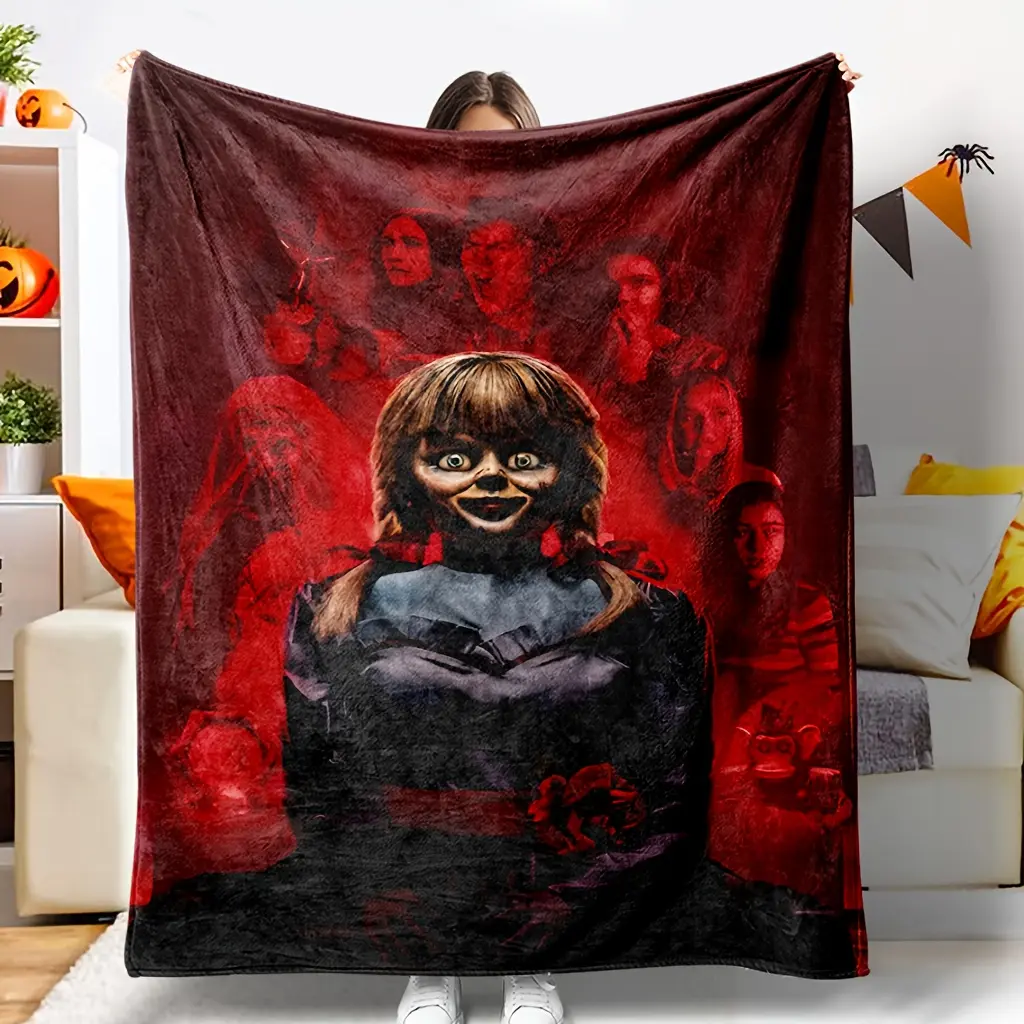 Annabelle Horror Print Flannel Throw Blanket, Cotton Fabric Soft Fleece Blanket for Home, Room & House Decor (Blood Background Horror Movie Themed), Room Decor, Indoor Use