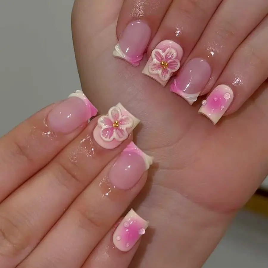 24pcs Short Square French Tip Nails, French Nail Art, 3D Gel Flower Beads, Press-On Nails, Decorative Nails, Glossy Floral Fake Nails, Reusable Summer Daily Wear, for Women and Girls