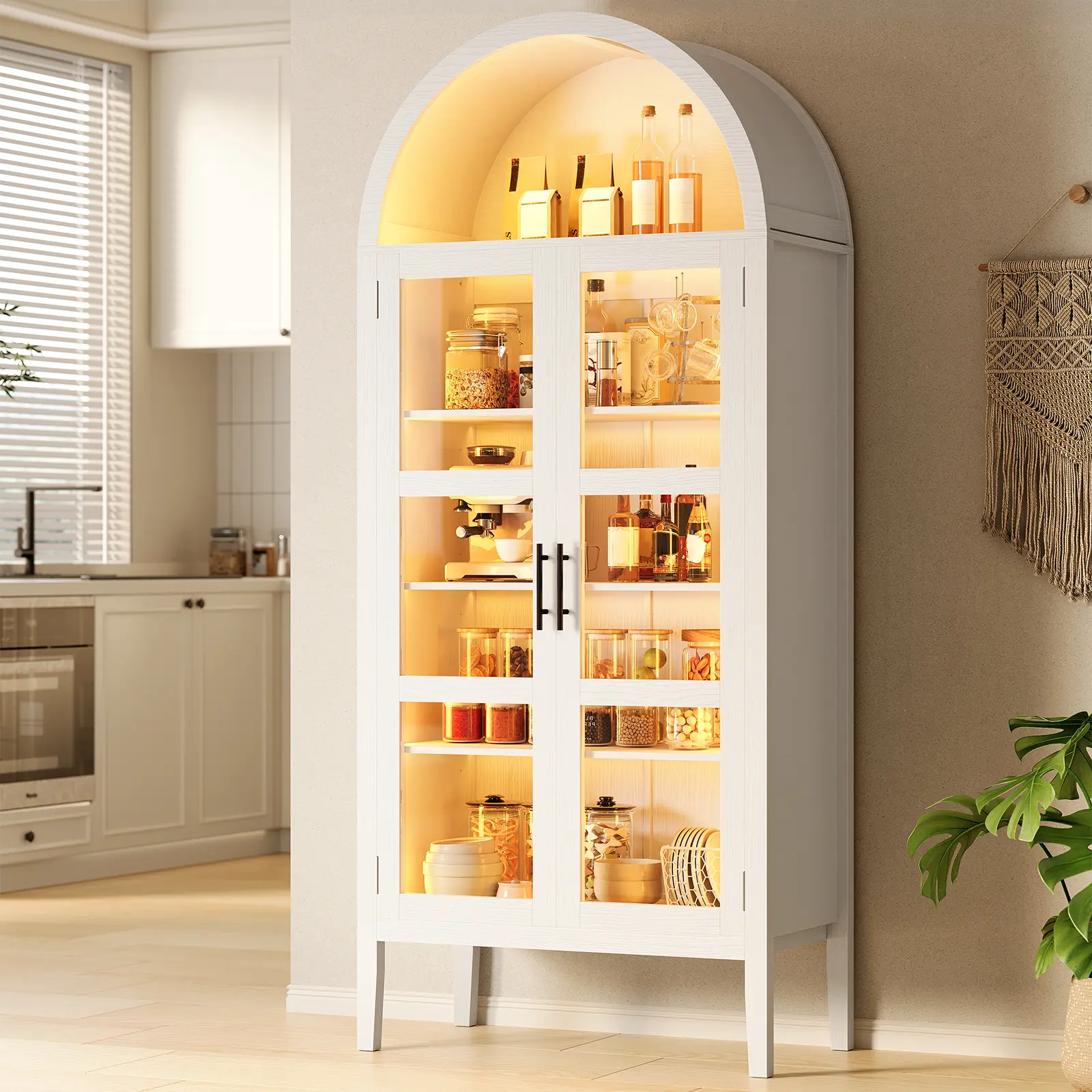 71'' Tall Arched Storage Cabinet with 3 Color Lights, 5-Tier Kitchen Pantry Cabinet with Glass Doors, Morden Versatile Arched Bookshelf for Dining Room, Entryway, Living Room