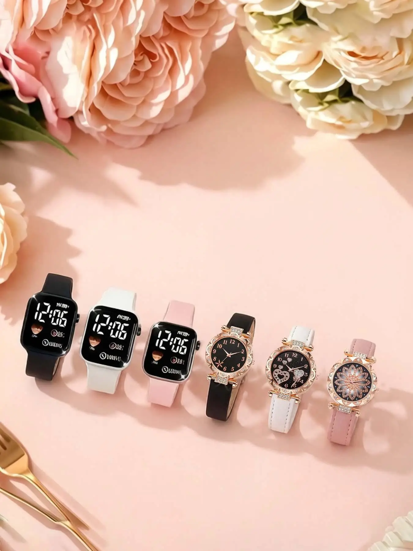 A set of 6 women's leather strap analog quartz movement watches with waterproof LED display and electronic smart fitness sports watch Casual Versatile Wristwatch Set