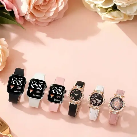 A set of 6 women's leather strap analog quartz movement watches with waterproof LED display and electronic smart fitness sports watch Casual Versatile Wristwatch Set