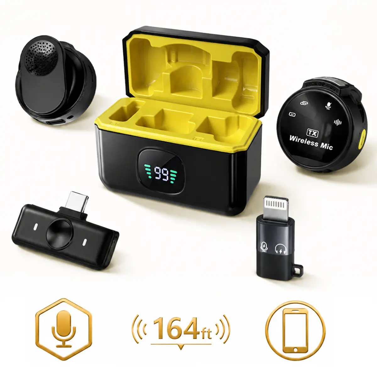 Wireless Lavalier Microphone for iPhone Android, Dual Wireless Mic System with  Lighting & USB-C Receiver, Intelligent Noise Cancelling, 48KHz Hi-Fi Audio, Digital Display Charging Case for Vlog Recording, Interviews & Live Streaming