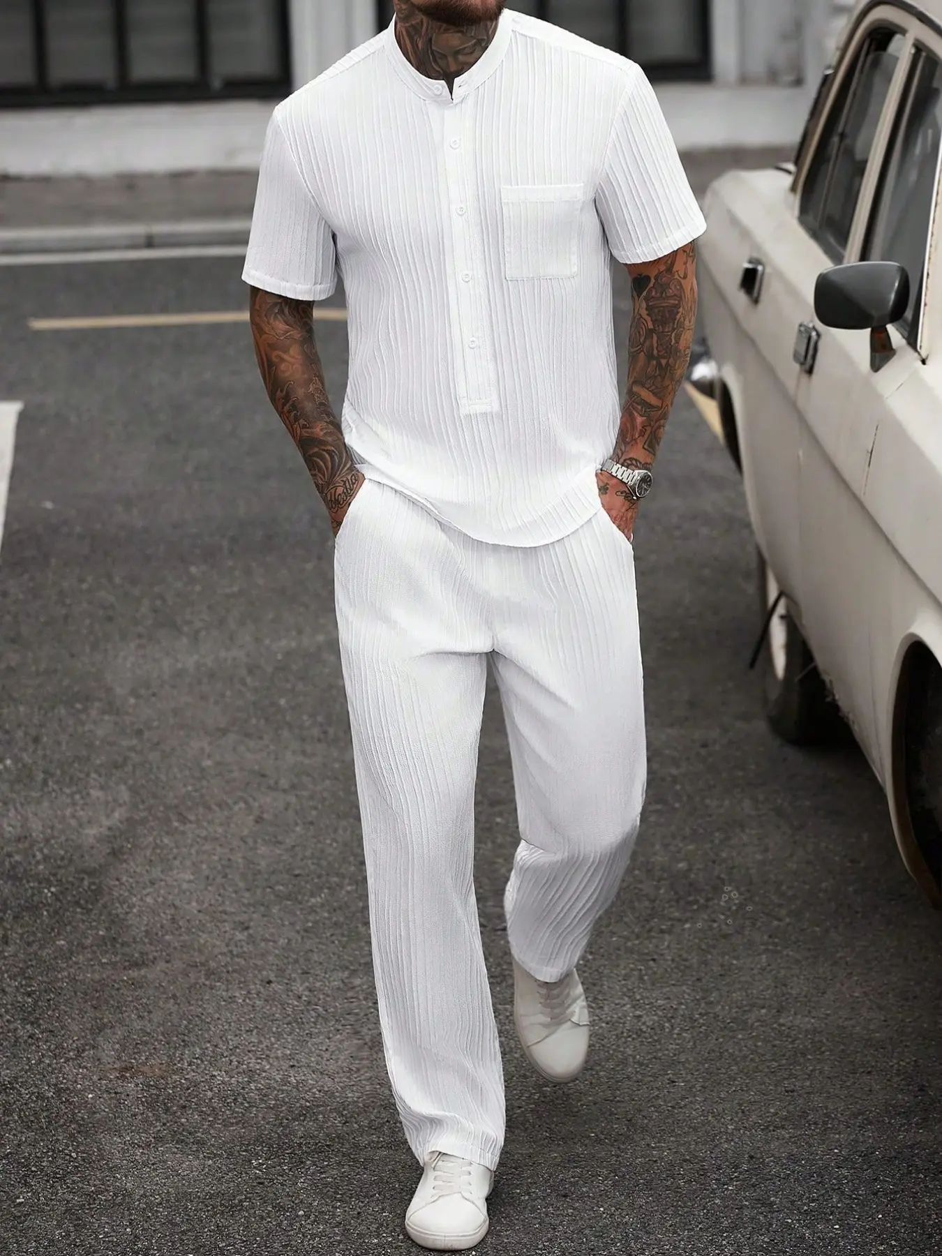 Men's Cuban Collar Textured Short Sleeve Shirt Set, Casual Breathable Wrinkle-Resistant, Ideal for Summer Daily Wear