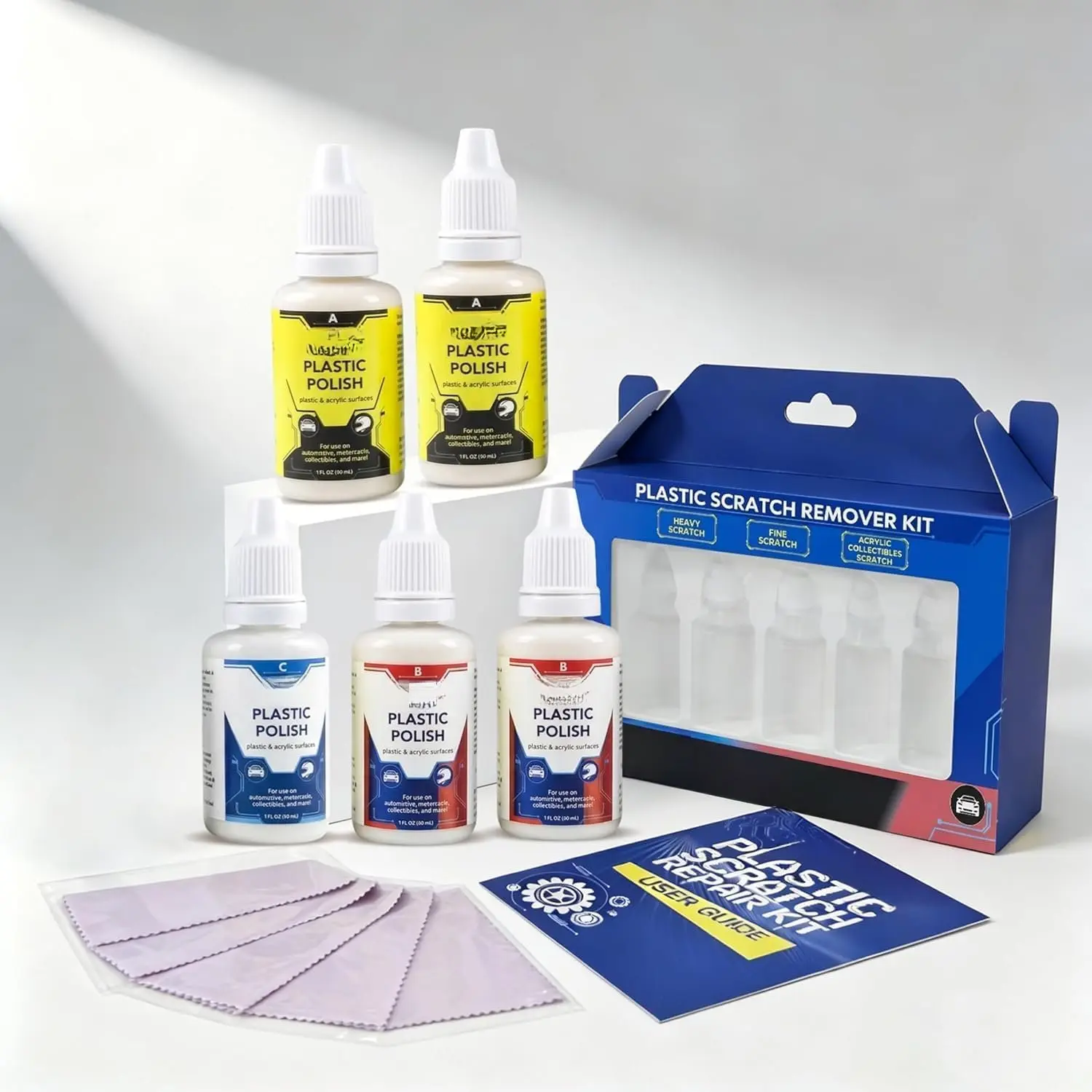 Plastic Scratch Remover Polish Kit, 3-Level Plastic Restorer for Light &Heavy , Improves Clarity  Headlight Covers, , Plexiglass & Plastic Surfaces, 5PK (150ml )