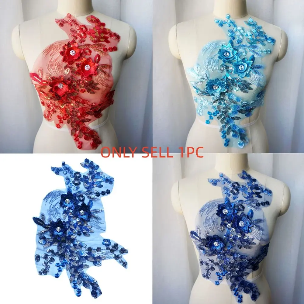 Red Blue 3D Flower Floral Embroidery Lace Fabric Silver Sequin Embroidered Gown Appliques Collar Tulle Mesh Sew Patch For Wedding Decoration Dress