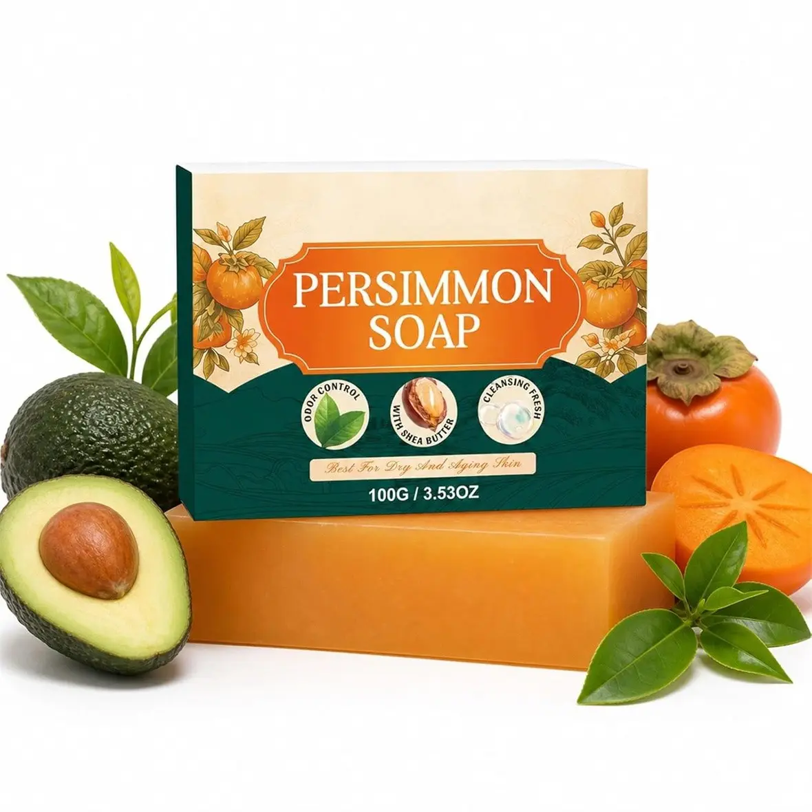 Deodorizing Persimmon Soap Bar, Natural Extract Gentle Daily Deodorizing Cleansing Soap, Feel fresh and clean all day long with Persimmon Extract for Men & Women