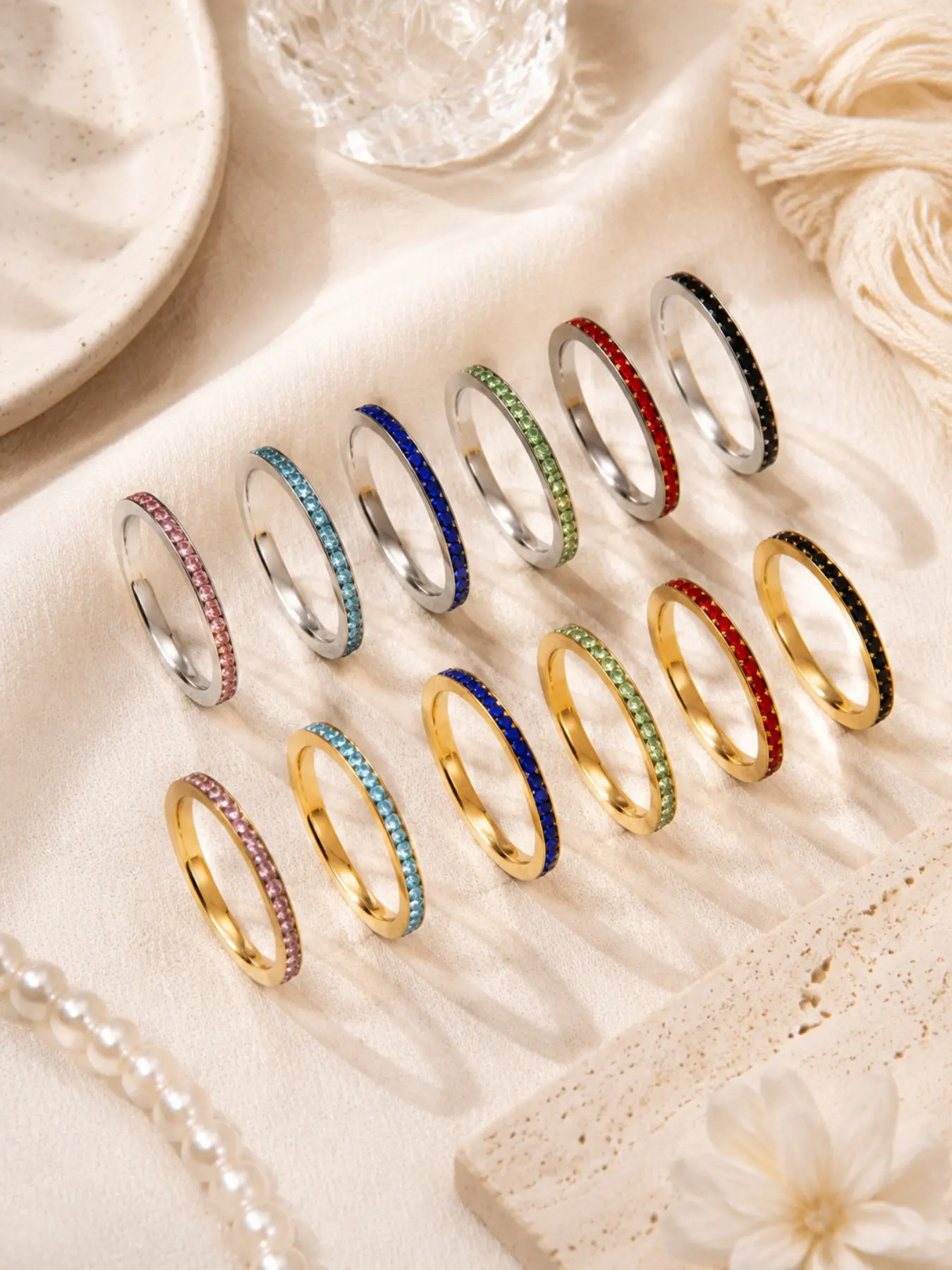 12 Pcs Colorful Gemstone Stackable Promise Ring Set, Minimalist Luxury Crystal Band Rings, Adjustable Jewelry Gift for Women, Daily Wear Party Anniversary