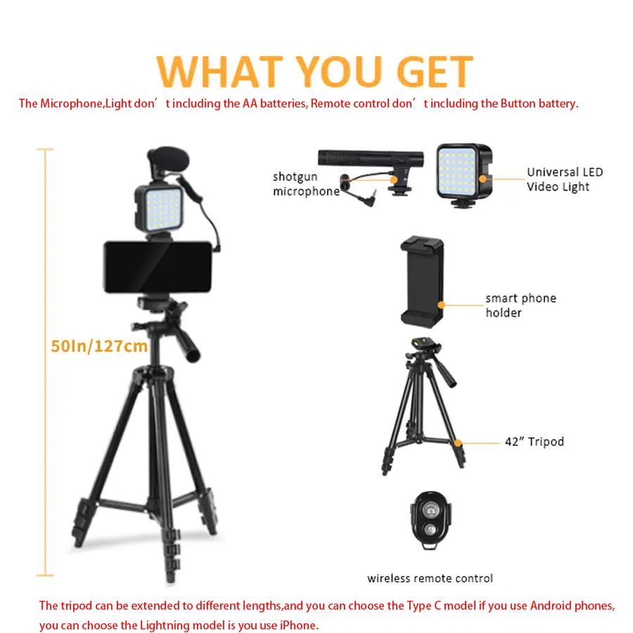 Smartphone Video Kit, Vlogging Kit with Microphone Light Tripod, 50 Inch Extendable Phone Clip Remote Control Compatible with iPhone/Smartphone/Cameras