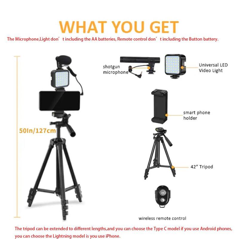 Smartphone Video Kit, Vlogging Kit with Microphone Light Tripod, 50 Inch Extendable Phone Clip Remote Control Compatible with iPhone/Smartphone/Cameras