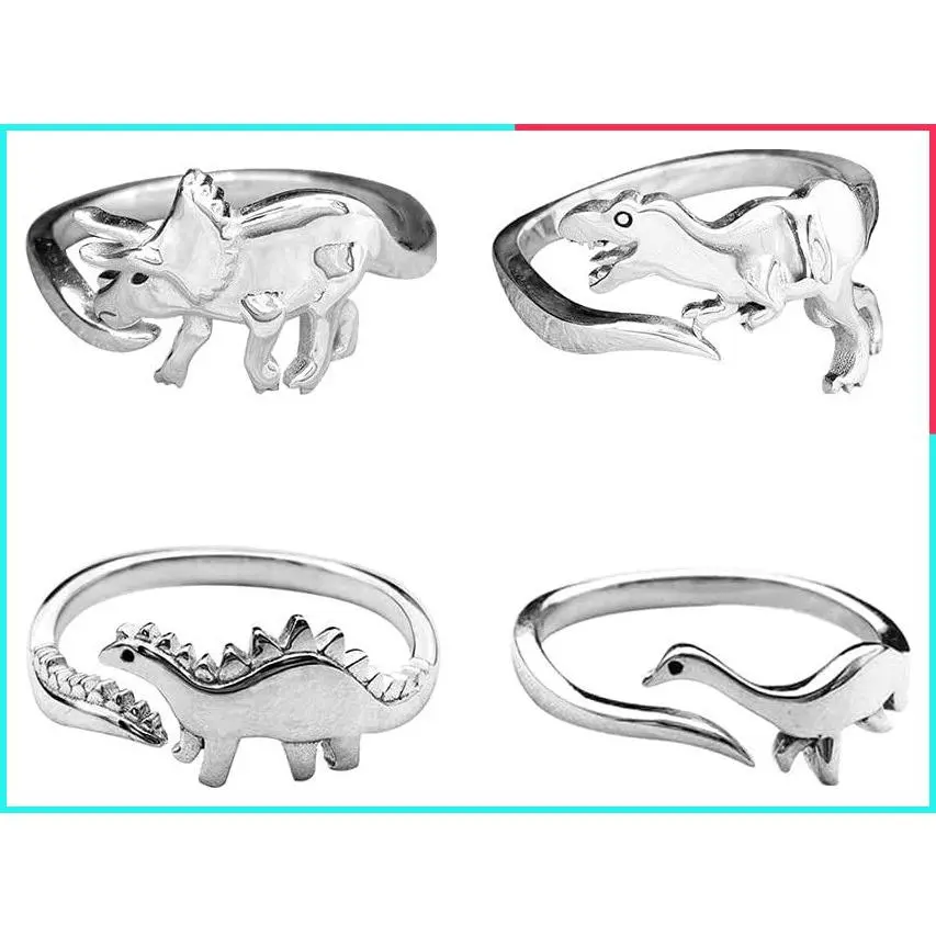 1-6PCS Dinosaur Rings Set - Cute Tyrannosaurus Triceratops Adjustable Rings, Jurassic Era Dinosaur Knuckle Band Jewelry for Women