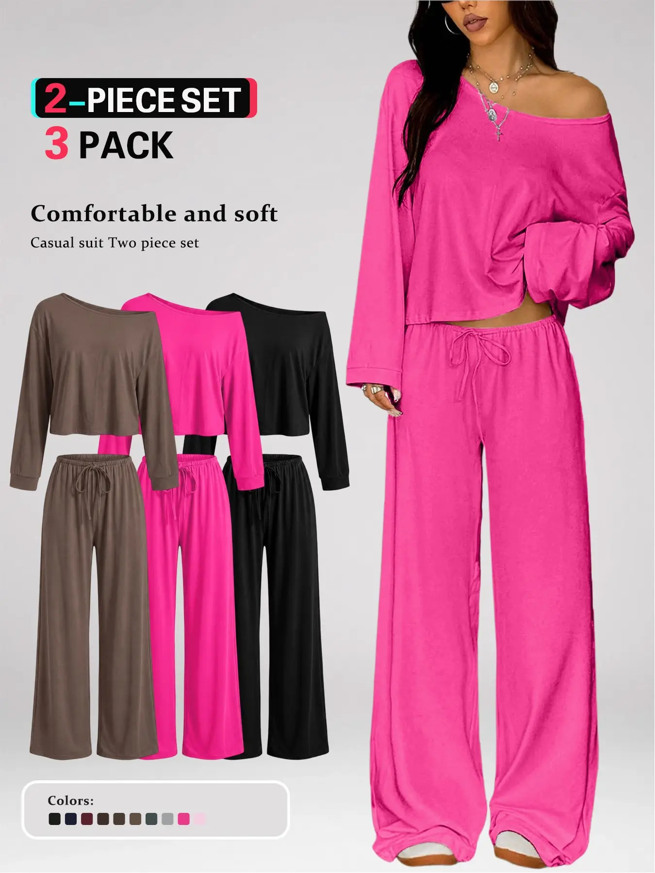 Women's 2 Piece Lounge Set Off Shoulder Crop Top & Wide Leg Pants, Long Sleeve Casual Matching Outfit, High Waist Drawstring Comfy Homewear Set，Cozy Casual Matching Outfit for Everyday Wear Clothes