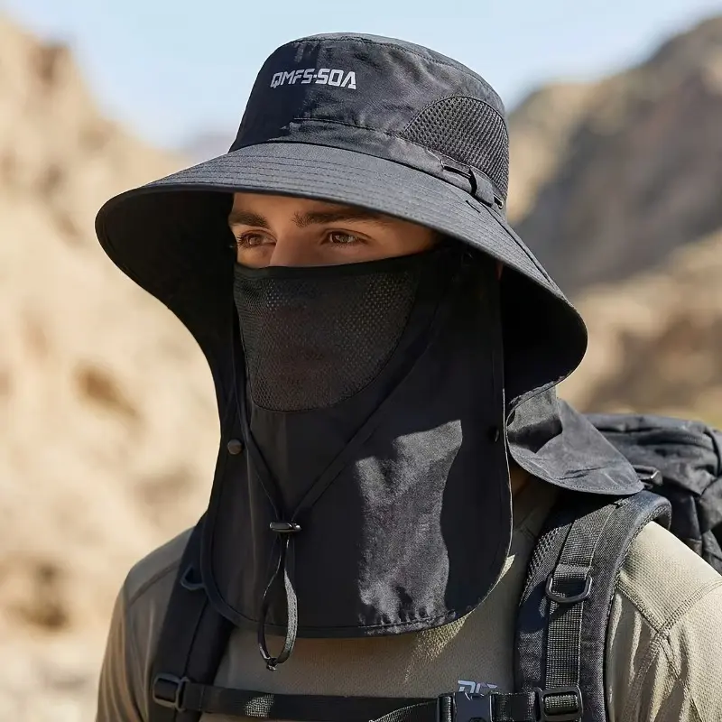 Unisex Adult Breathable Wide Brim Hat with Face Mask - Sun Protection Hiking Cap, Stylish Fishing Accessory, New Arrival Holiday Gift