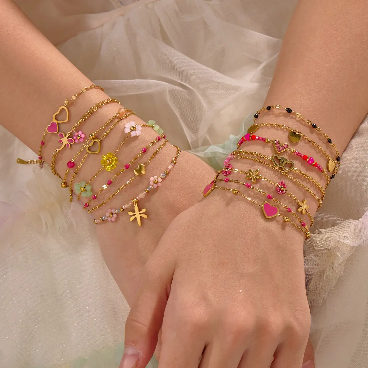 18K Gold Plated Layered Bracelet Set Waterproof Stainless Steel Colorful Enamel Flower Heart Charm Beaded Chains Y2K Aesthetic Women Summer Beach Jewelry