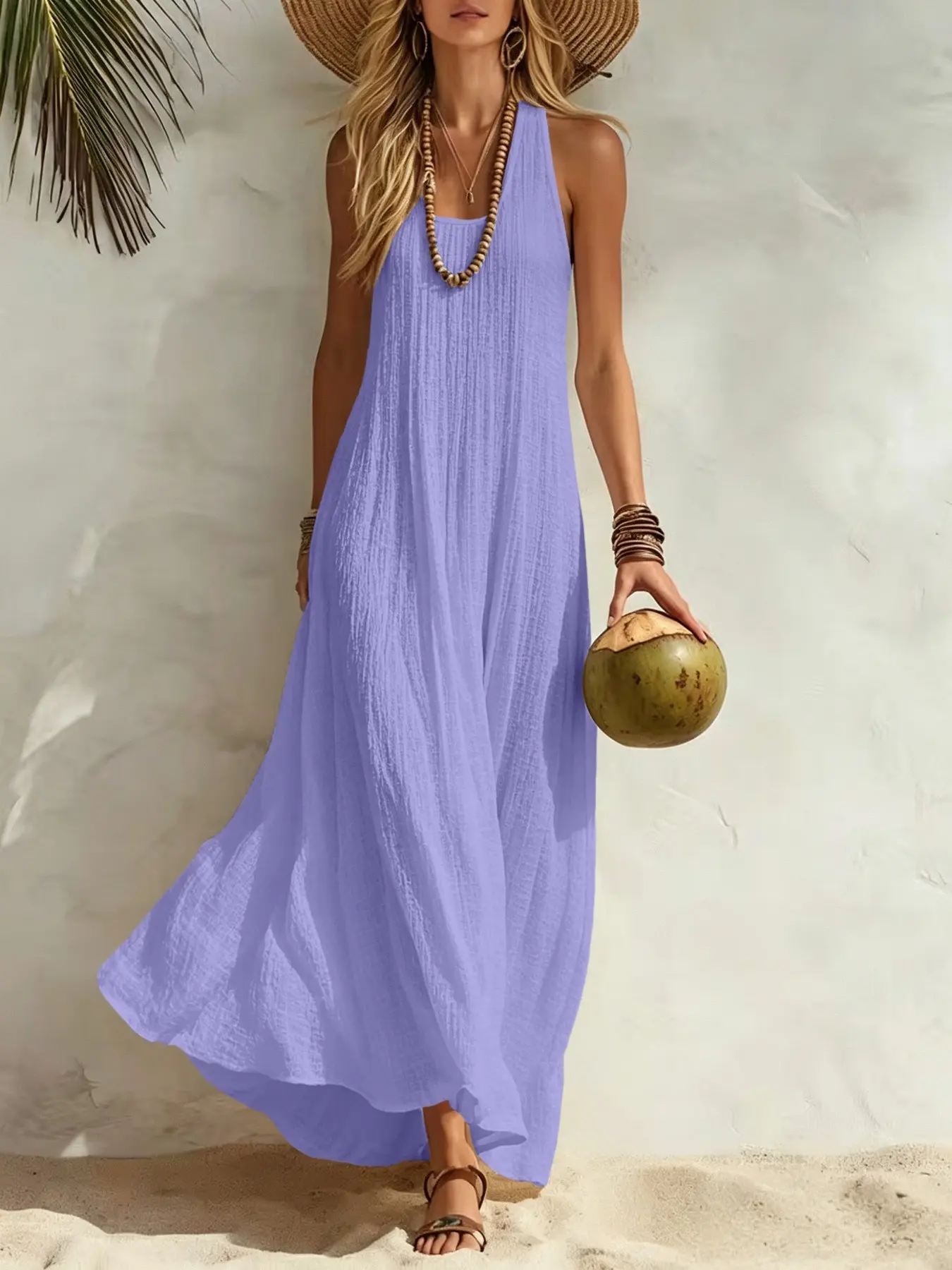 Women’s Sleeveless Maxi Dress, Casual Loose Fit Boho Beach Dress, Flowy Textured Long Dress for Vacation, Resort, Cruise & Summer Travel