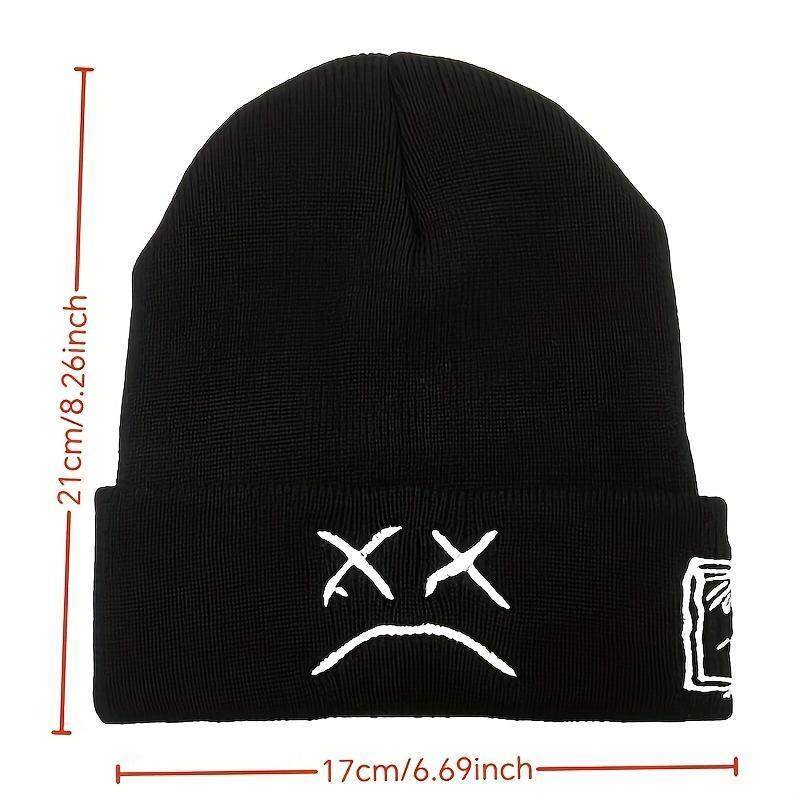 Sad Face Embroidered Beanie  – Stylish Unisex Hip Hop Knit Cap, Warm Black & White Cuffed Skull  for Winter, Trendy Streetwear Headwear for Men and Women, Daily Wear, Outdoor Activities, and Casual Outfits new adjustable hat Heart design wool western