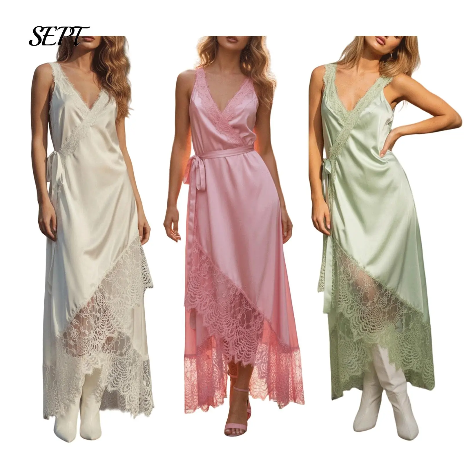 Women's Satin Lace Slip Maxi Dress Summer Wrap Asymmetrical Dress Sleeveless V Neck Long Flowy Sundress Vocation Dresses