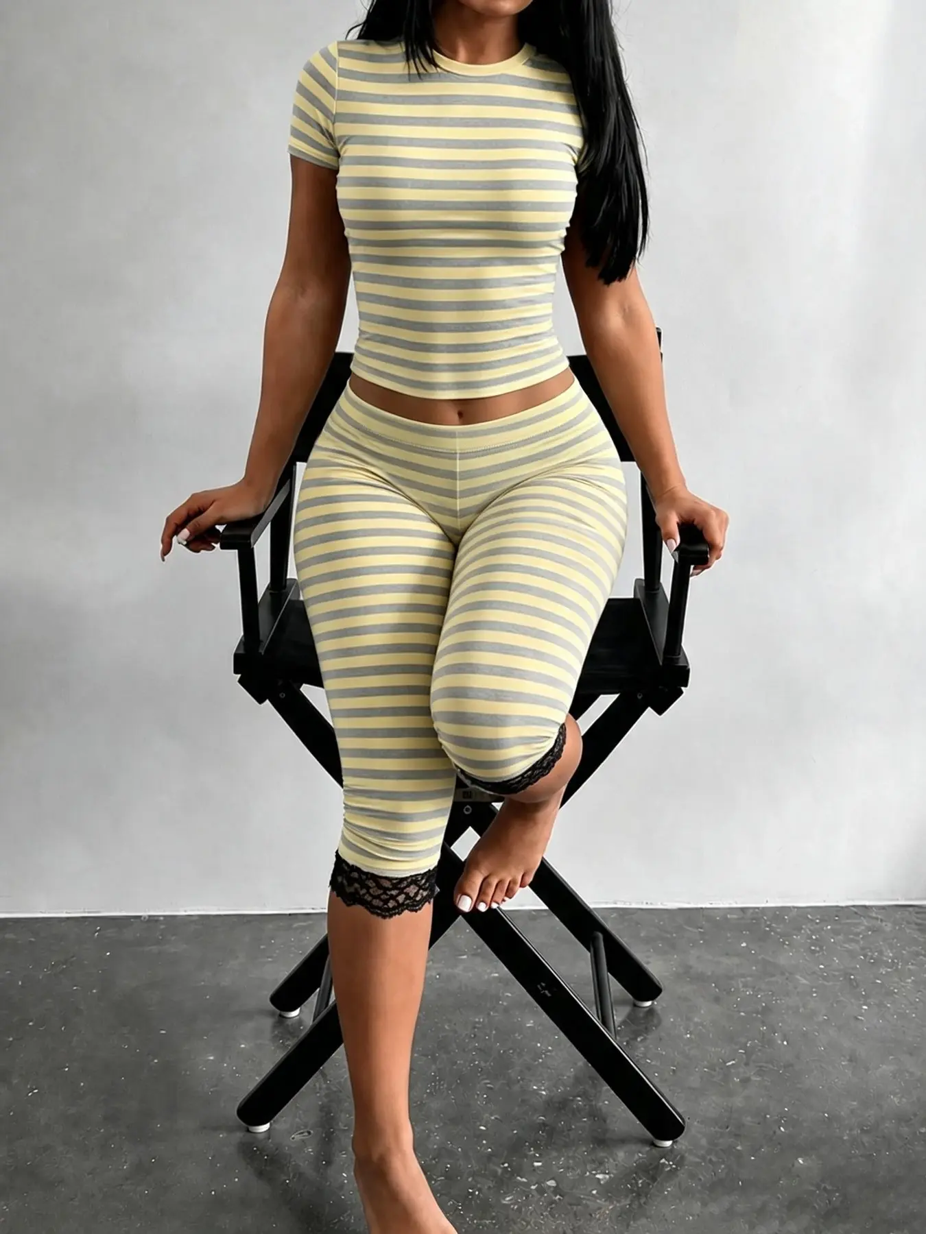 Yellow Grey Striped Two Piece Loungewear Set, Pajama Set, Crew Neck Short Sleeve Slim Crop Top High Waist Capri Leggings Stretch Fitted Matching Outfit ideal for home relaxation, gym training, grocery runs, and casual everyday use