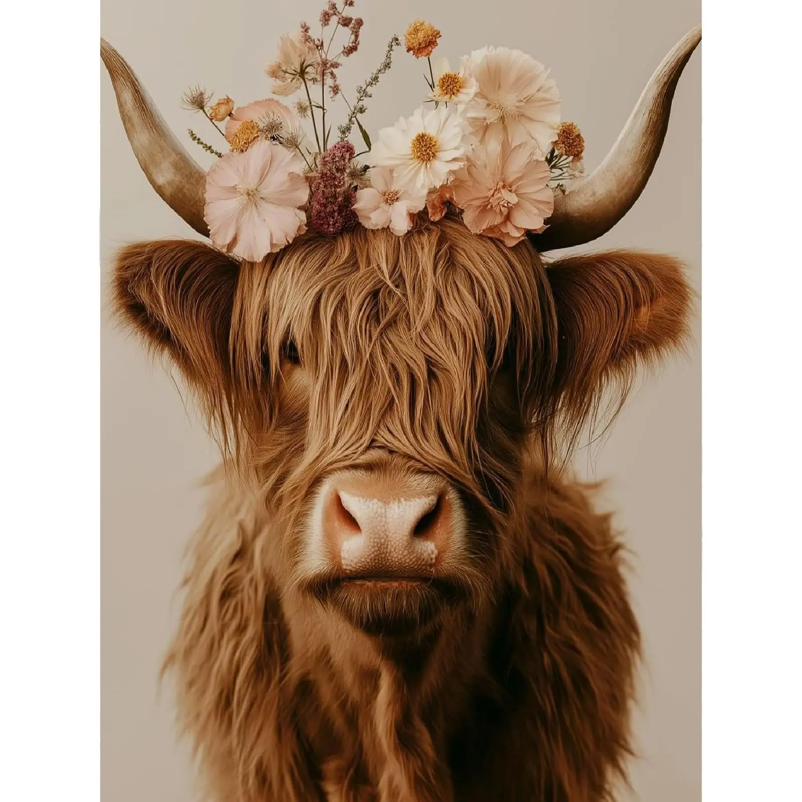 5D Diamond Art Kits for Adults Beginner, Cute Highland Cow Diamond Painting Kits, Boho Floral Crown Full Drill Round, Diamond Pattern Design, Rustic Farmhouse Room Decor, Easy DIY Rhinestone Crystal Mosaic Painting Home Wall Gift