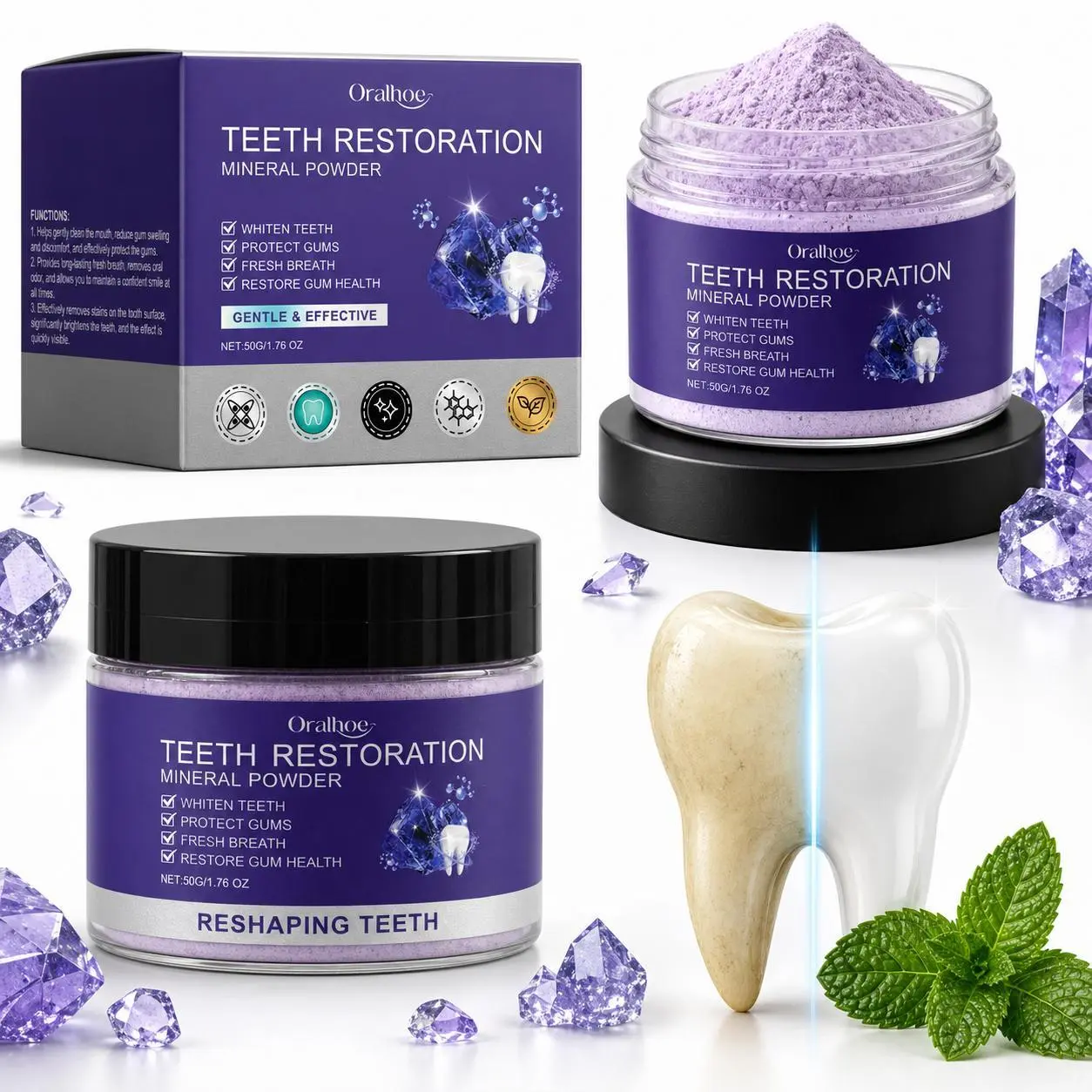 Mint & Lavender Teeth Whitening Powder Toothpaste - Gentle Mineral Formula for Daily Oral Care, Brush-Friendly Cleansing, Fresh Breath, Stain Removal, 1.76 Oz Compact Single Item, Toothbrush, Teeth Whitener, Purple Teeth Whitening
